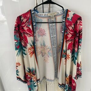 Flying Tomato Striped Open-Front Cardigan in Cream, Pink & Teal
